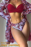 Znbbw Women Gauze Floral Printed Bikini Swimwear Set Full Sleeve Cover Up Three Pieces Sets 2023 Fashion Summer Beach Bathing Suit