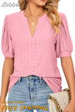 Znbbw Solid Lace Woman Shirt Elegant Hollow Puff Short Sleeve Pullover Blouse Women Casual V-neck Loose Lady Tops Blusas 24698