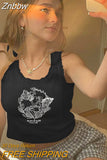 Znbbw Printed Lace Trim White Crop Top Fairy Grunge Summer Clothes for Women Cute Slim Fit Ribbed Tank Tops