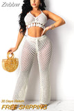 Znbbw Sexy Hollow Out Knitted Pant Suits Women Crochet Crop Top And Wide Led Pants Summer Two Piece Set Ladies Casual Beachwear