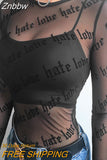 Znbbw Women Mesh T-Shirts See-Through Perspective Tshirt Letter Printed O Neck Transparent Long Sleeve T Shirt Tops Women