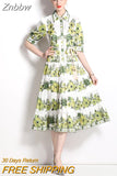 Znbbw Runway Fashion Summer Bohemian Dress Women's Lapel Green Flowers Printed Belt Loose Holiday Pleated Party Vestidos