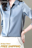 Znbbw Gray Blue Fashion Blouses Women 2023 New Simple Office Lady Solid Satin Shirts Woman Casual Vintage Tops Clothing Femme