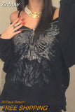 Znbbw Butterfly Print Hoodies Women Winter Casual Oversize Zip Up Sweatshirt Female Grunge Punk Long Sleeve Jackets Streetwear