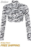 Znbbw Zebra Print Backless Cropped Tshirt Women Sexy Long Sleeve T-shirt Ladies Fashion Crop Tops Tees Streetwear