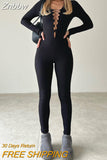 Znbbw Long Sleeve Front Cross Skinny Solid Stretchy Bodycon Jumpsuits Autumn Winter Women Fashion Streetwear Outfits