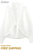 Znbbw TRAF Spring Summer Blouse Women White Casual Temperament All-match Embroidery Hollow Knot Shirt Women