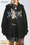 Znbbw Butterfly Print Hoodies Women Winter Casual Oversize Zip Up Sweatshirt Female Grunge Punk Long Sleeve Jackets Streetwear