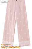 Znbbw TRAF Women Vintage Patchwork Embroidery Casual Linen Wide Leg Pants Chic High Waist Zipper Ankle Length Trousers