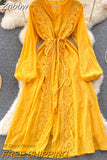 Znbbw Autumn Women's Vintage Long Sleeve Dress Solid Color Bellflower French Lace Up Waist Single Breasted Long Dress