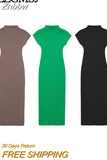 Znbbw TRAF Women Turtleneck Dress Short Sleeve Simple 2023 Spring Summer Evening Dress Ladies Midi Dresses For Women