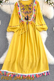 Znbbw Ethnic Style New Embroidery Tassel Lace Cotton and Linen Vestidos Female V-neck Puff Sleeve Large Midi Dress GK857