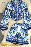 Znbbw Spring Runway Fashion Shorts Suit Women Turn-down Collar Blue and White Porcelain Print Shirts and Short 2 Pieces Set