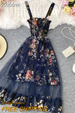 Znbbw Summer Women's Dress French Retro Square Neck Print Suspender Dress New Waist Lace Feamle Short Dresses HH293