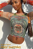 znbbw 2023 Aesthetic Print Women T Shirts Long Sleeve O Neck Y2K Summer Mesh See Through Crop Tops Sexy Skinny Casual Tee Punk