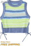 Znbbw TRAF Women 2023 Fashion Hollow Out Frenulum Split Design Knitted Tank Tops Vintage Backless Female Chic Tops