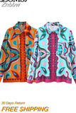 Znbbw TRAF Women 2023 Fashion Summer Printing Satin Texture Blouses Vintage Long Sleeve Button-up Female Shirts Chic Tops