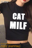 Znbbw CAT MILF Print Letter T-shirts Fashion Casual O Neck Short Sleeve Crop Tops Y2K Summer Sexy E-girl Baby Tee Women's Clothing