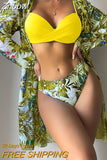 Znbbw Women Gauze Floral Printed Bikini Swimwear Set Full Sleeve Cover Up Three Pieces Sets 2023 Fashion Summer Beach Bathing Suit