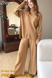 Znbbw Women 2 Piece Sets Pullovers Knitted Sweater 2023 Autumn Winter Long Sleeve Pullover with Knitted Wide Leg Pants Female Suits