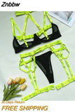 Znbbw Female Lingerie Porn Sexy Costume Hollow Out Bandage Halter Bra Thongs With Belt Stocking Neon You Can See Underwear