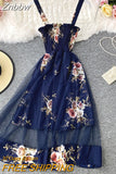 Znbbw Summer Women's Dress French Retro Square Neck Print Suspender Dress New Waist Lace Feamle Short Dresses HH293