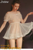 Znbbw Women Sheer Stars Ultra-thin Gauze Ruffles Off Shoulder Sleeve Tops Shorts Leg Ring Underwear Set Temptation Sexy Pajamas 912