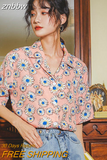 znbbw Summer Casual Floral Pirnt Women's Blouse Notched Collar Short Sleeve Shirt Ladies Tops Loose Button Up Female Clothing