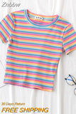 Znbbw T Shirt Women Rainbow Striped Tops Slim Fit t shirt Harajuku Tshirt Summer Short Sleeve Korean T-shirt feminina Clothes Tops