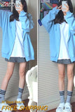 Znbbw Vintage Blue Zip Up Hoodies Women Harajuku Preppy Oversized Hooded Sweatshirts Korean Fashion Loose Casual Tops Jackets