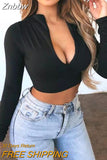 Znbbw Women Long Sleeve Crop Tops V Neck Zip Bandage T-Shirt Summer Beach Slim Fitness Bodycon Casual Solid Party Sexy Streetwear Top