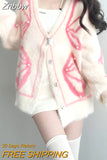Znbbw Korean Fashion Graphic Knitted Cardigan Women Harajuku Kawaii Oversized Sweater Sweet Casual Y2K Tops Retro Streetwear