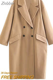 Znbbw TRAF Women 2023 Winter Gray Thick Woolen Coats With Button Loose Long Sleeves Pocket Ladies Elegant OverCoat 202310