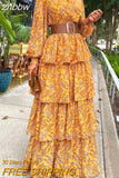 znbbw Women Floral Printed Lantern Long Sleeve Sundress Female Vintage Cake Loose Beach Dress Elegant Cascading Ruffles Cover-Ups