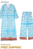 Znbbw Lady Casual Set 2023 Female Vintage Temperament V-neck Printed Tunic Midi Dress+belted High Waist Straight Wide Leg Pants