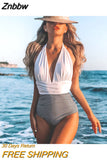 Znbbw Hot Women One-Piece Swimsuit Adults Color Block Tie Up V-Neck Halter Ladies Swimwear With Chest Pad