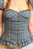 Znbbw Fairy Vintage Y2K Plaid Ruffles Milkmaid Tops Cute Retro Aesthetics Bustier Corset Tops Short Puff Sleeve Tie Up T-shirt