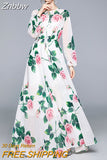 Znbbw Summer Fashion Runway Boho Maxi Dresses Women's Long Sleeve Rose Flowers Print Elastic Waist Holiday Elegant Long Dress