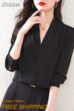 Znbbw Women Blouses Office Lady Work Wear Black White Shirts Elegant Long Sleeve V-Neck Female Clothing Bottoming Tops