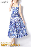 Znbbw Fashion Runway Summer Gorgeous Floral Dress Women's Spaghetti Strap Blue and White Porcelain Print Vacation Dress