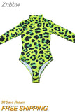 Znbbw Women Long Sleeve Leopard Skin Prinetd Bodysuit Sexy Neon Green Streetwear Jumpsuit Skinny Leopard Tops Fashion Rompers