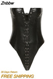 Znbbw Fashion Sexy Backless Strapless Low Chest Bandage PU Leather Bodysuit New 2023 Street Casual Black Wild Basic Bodysuit 912