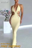 znbbw New Sexy Y2K Clothes Knitted Hollow Out Sleeveless Backless Lace Up Halter Bodycon Maxi Dress For Women Birthday Party Club