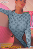 znbbw Fashion Mesh Sheer Sexy Bodycon Bodysuits For Women Letter Print One Piece Long Sleeve Tops High Rise Bodysuits 912