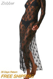 Znbbw Women’s See-Through Lace Dress Long Sleeve Slit Hem Dress Chemise Vacation sexy robe nightclub girls tight clothes