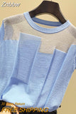 Znbbw Short Sleeve Knitted Women Blouse Tops O-neck Solid Blouses Women Casual Patchwork Slim Silk Female Shirts Blusas 8796