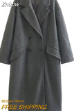 Znbbw TRAF Women 2023 Winter Gray Thick Woolen Coats With Button Loose Long Sleeves Pocket Ladies Elegant OverCoat 202310