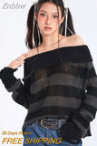 Znbbw Y2k Punk Rock Zipper Sexy Off Shoulder Sweaters Women Gothic Black Grey Stripes Broken Hole Loose Knitted Jumpers