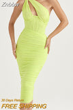 Znbbw High Quality Mesh One Shoulder Backless Midi Dress For Women Fashion Hollow Out Sleeveless Ruched Long Dress Vestido