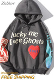 Znbbw Harajuku Weirdo Graffiti Letter Printed Hoodies Men Lucky Me I See Ghosts Mens Hooded Sweatshirt Fleece Pullover Streetwear